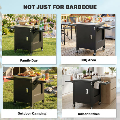 Outdoor Grill Cart with Stainless Steel Tabletop, BBQ Table with a Cabinet, Towel Holder, Bottle Opener, Black