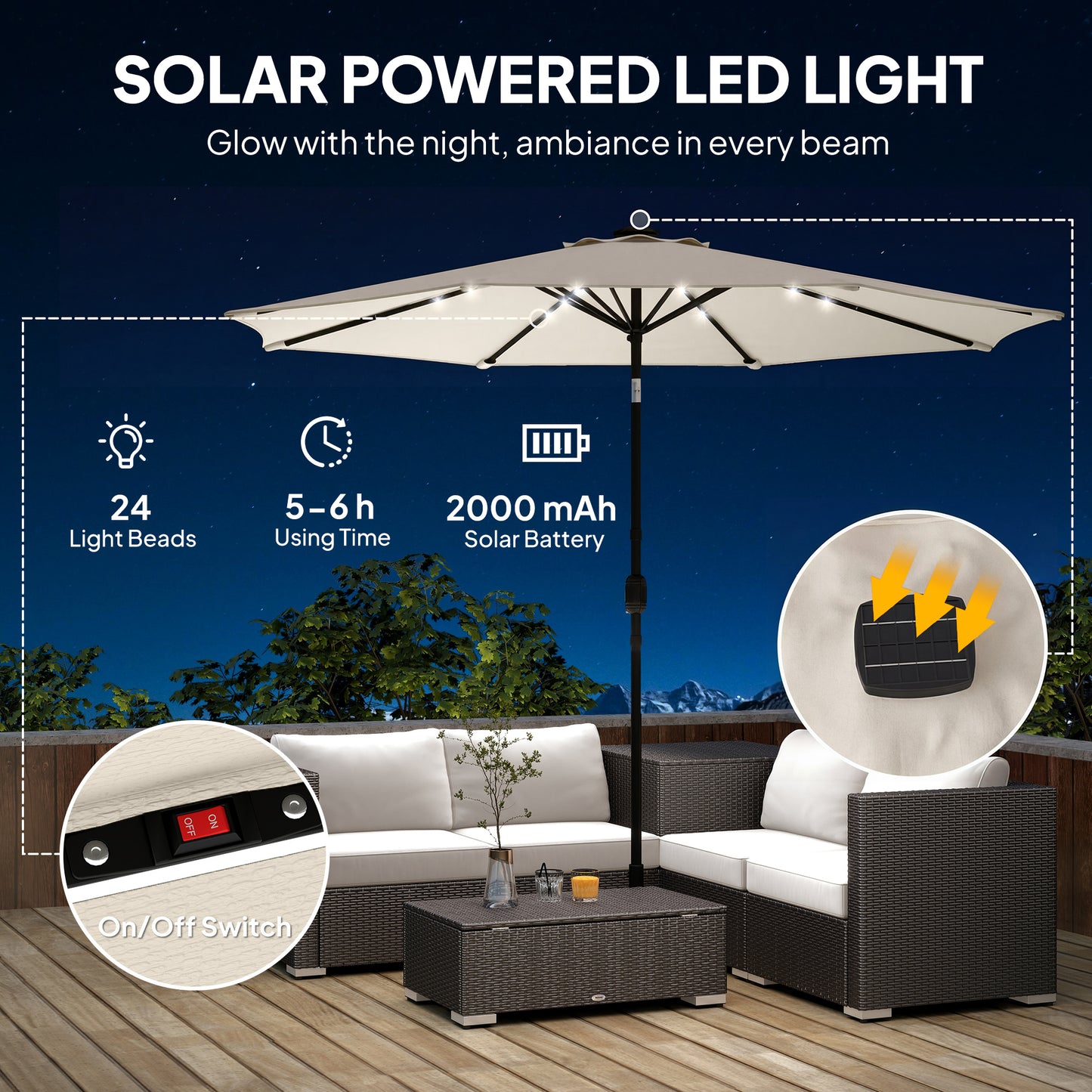 2.6 m Garden Parasol Umbrella with LED Solar Light, Parasol Cover, Outdoor Market Patio Umbrella, Cream White