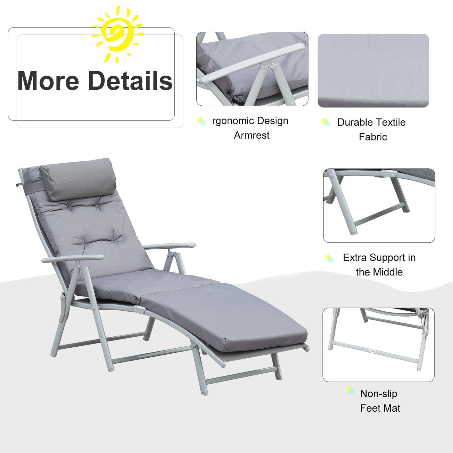 Steel Frame Outdoor Garden Padded Sun Lounger w/ Pillow Grey