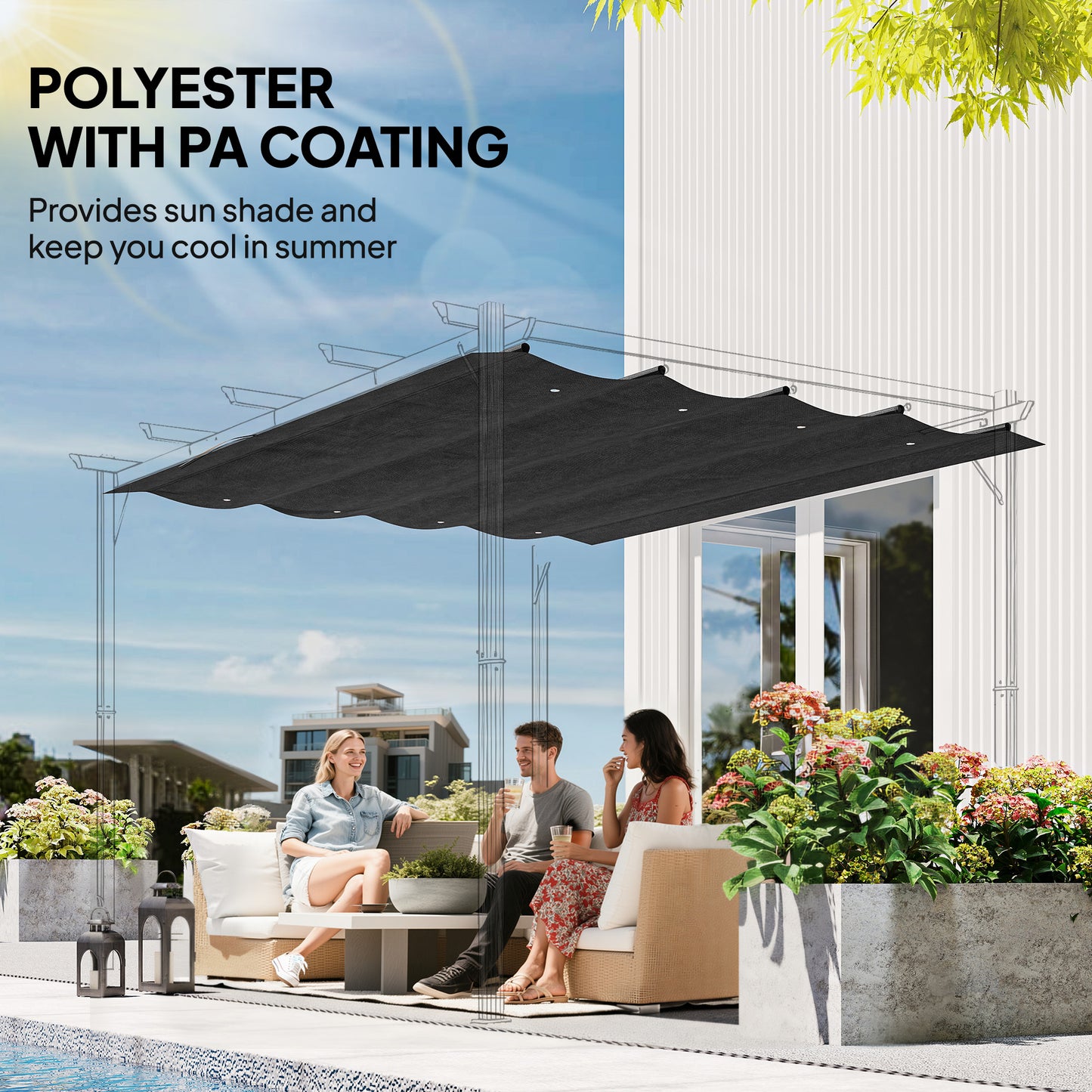 Pergola Cover Roof, 2.86 x 2.45 m Retractable Sun Shade Top for 3 x 2m Pergola Frame, UV30+ Protected, Dark Grey