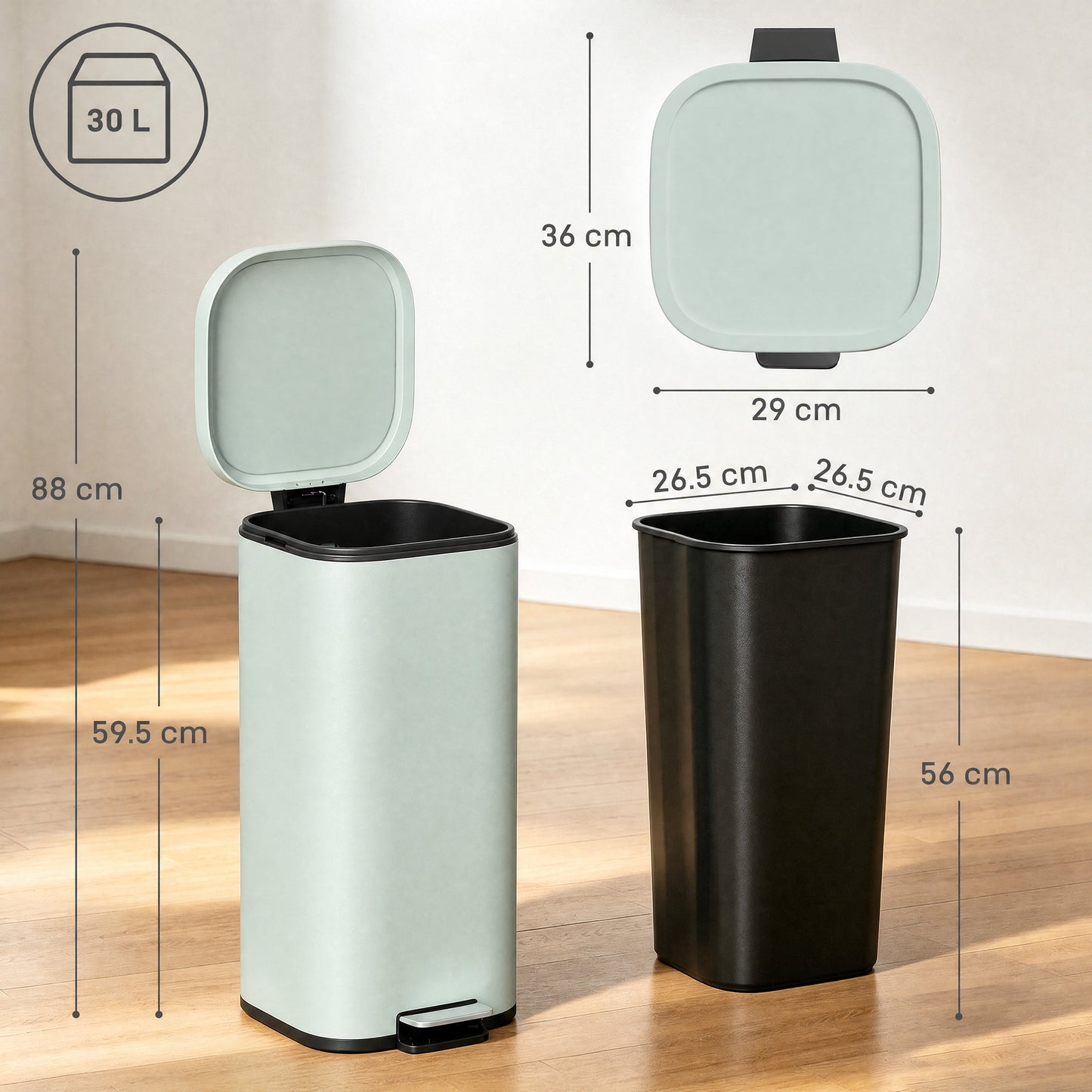 30L Kitchen Bin, Compact Pedal Bin with Soft-Close and Stay-Open Lid, Removable Bucket for Kitchen, Home, Office, Green