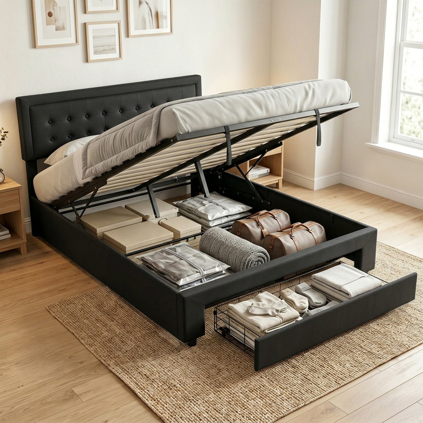 PU Leather King Size Ottoman Bed Frame, with Front Drawer - Black