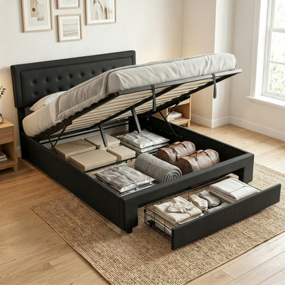 PU Leather King Size Ottoman Bed Frame, with Front Drawer - Black