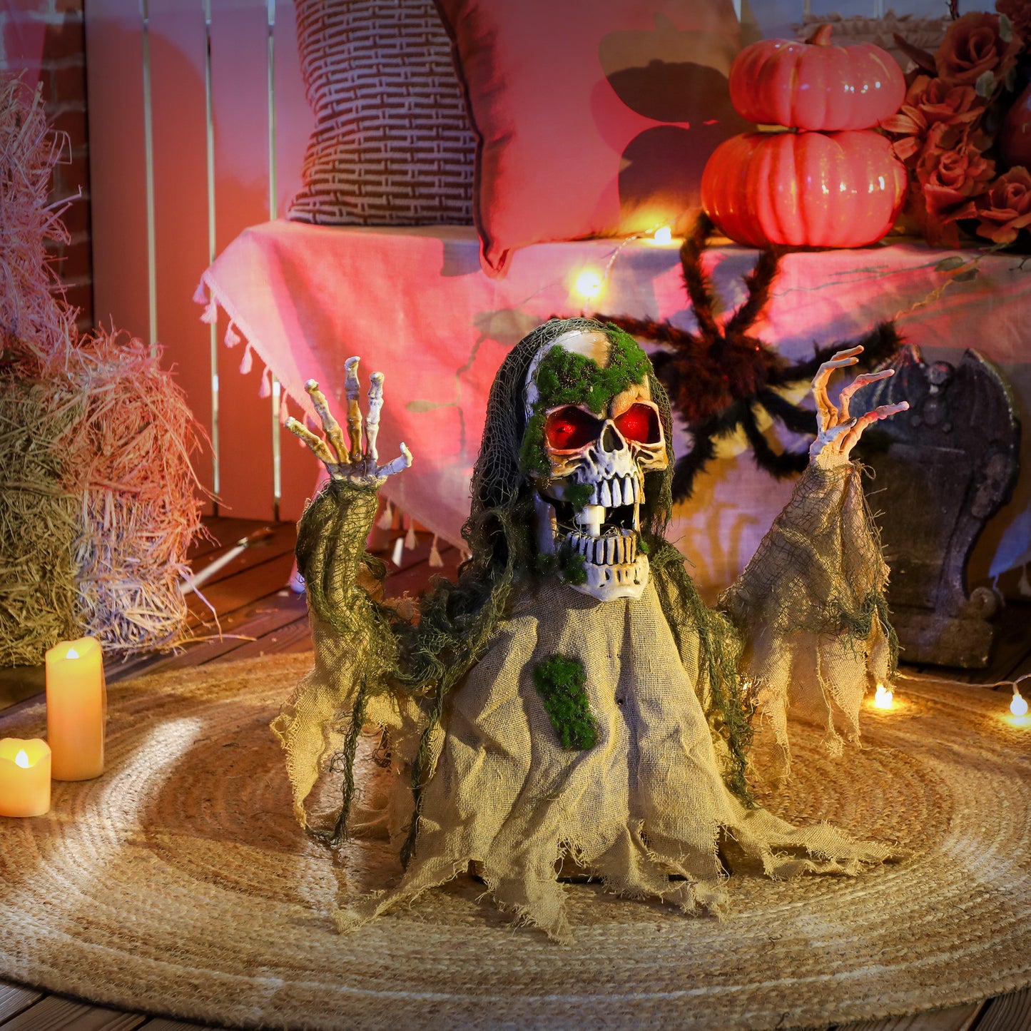 Halloween Animated Skeleton with Glowing LED Eyes, Half-Body Scary Halloween Decorations, Battery Operated