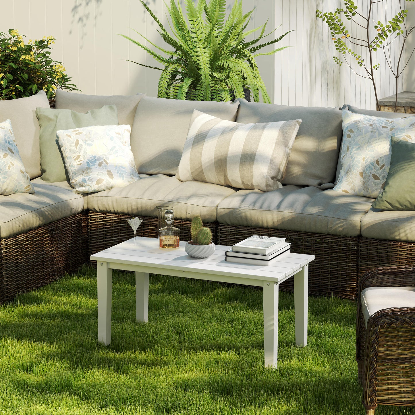 Outdoor Garden Coffee Table, HDPE All-Weather Rectangular Outdoor Garden Table with Slatted Tabletop for Patio, Balcony