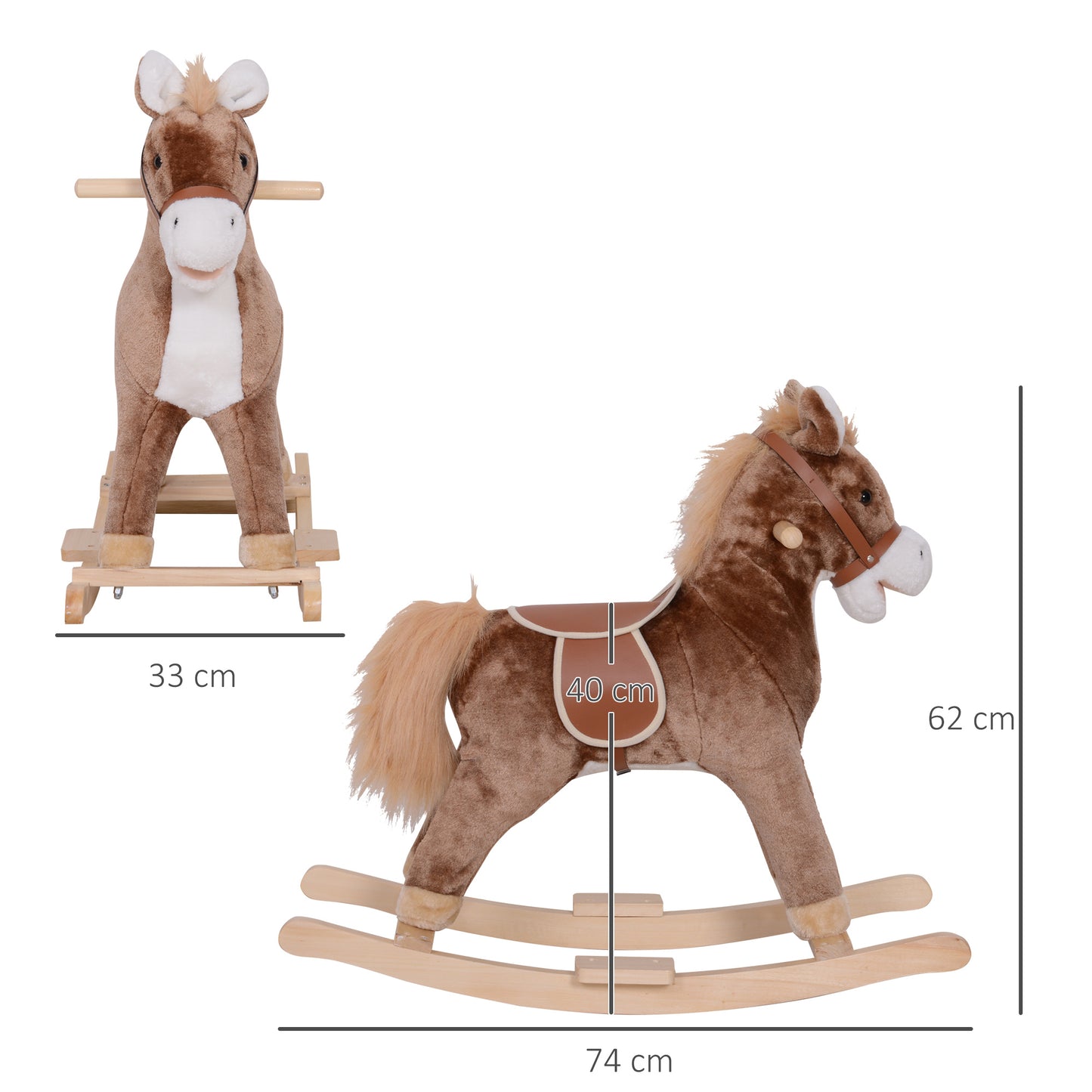 Kids Children Plush Rocking Horse Wooden Base Ride On Toy Rocker with Handle Grip Traditional Toy Fun Gift for Age 3+ (Brown