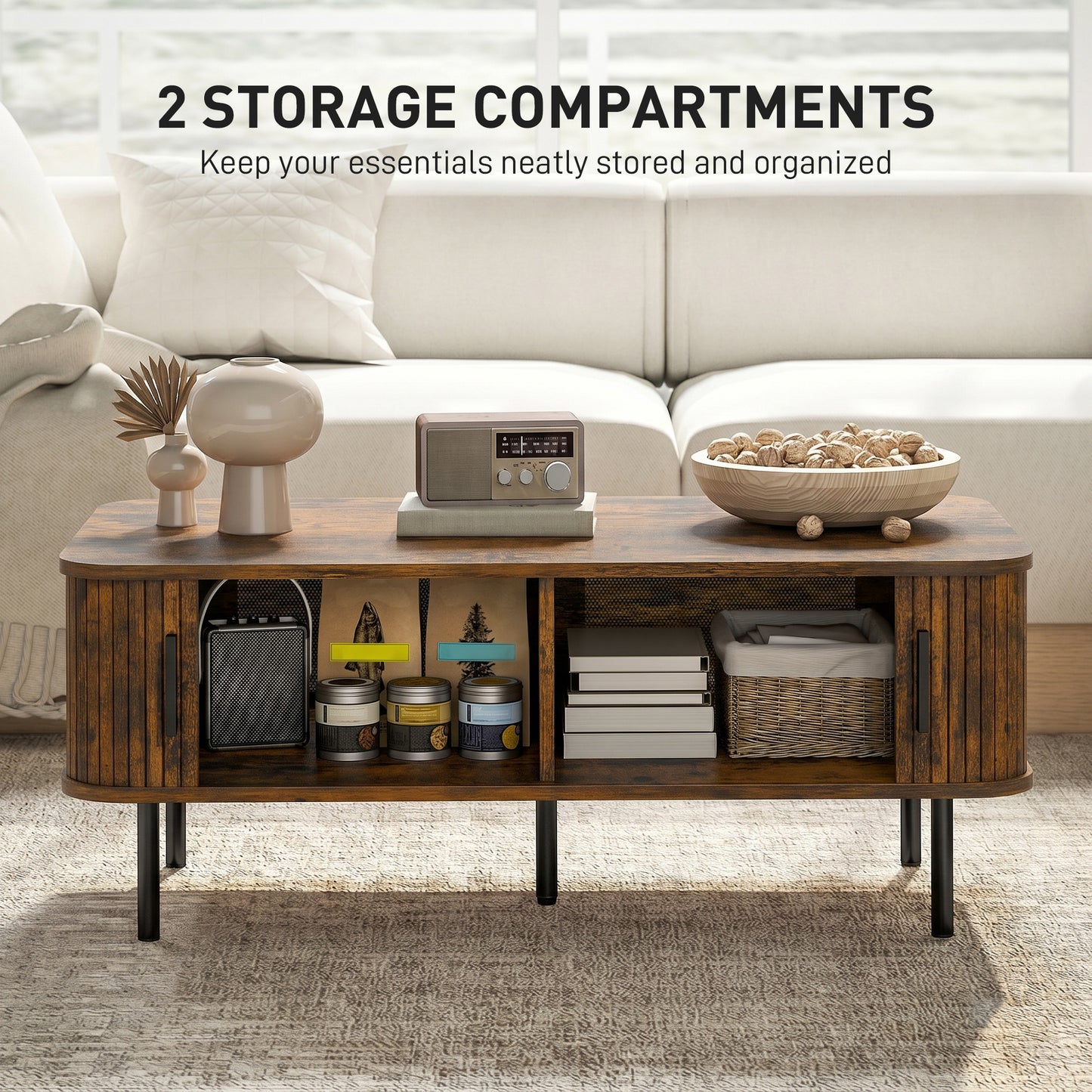 Coffee Table with Storage, Living Room Table with Slatted Tambour Sliding Doors and Adjustable Foot Pads
