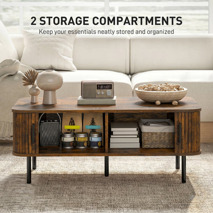 Coffee Table with Storage, Living Room Table with Slatted Tambour Sliding Doors and Adjustable Foot Pads