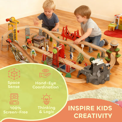 100 Piece Wooden Train Set for Kids 3+ Years with Track, Crane, Battery Operated Train