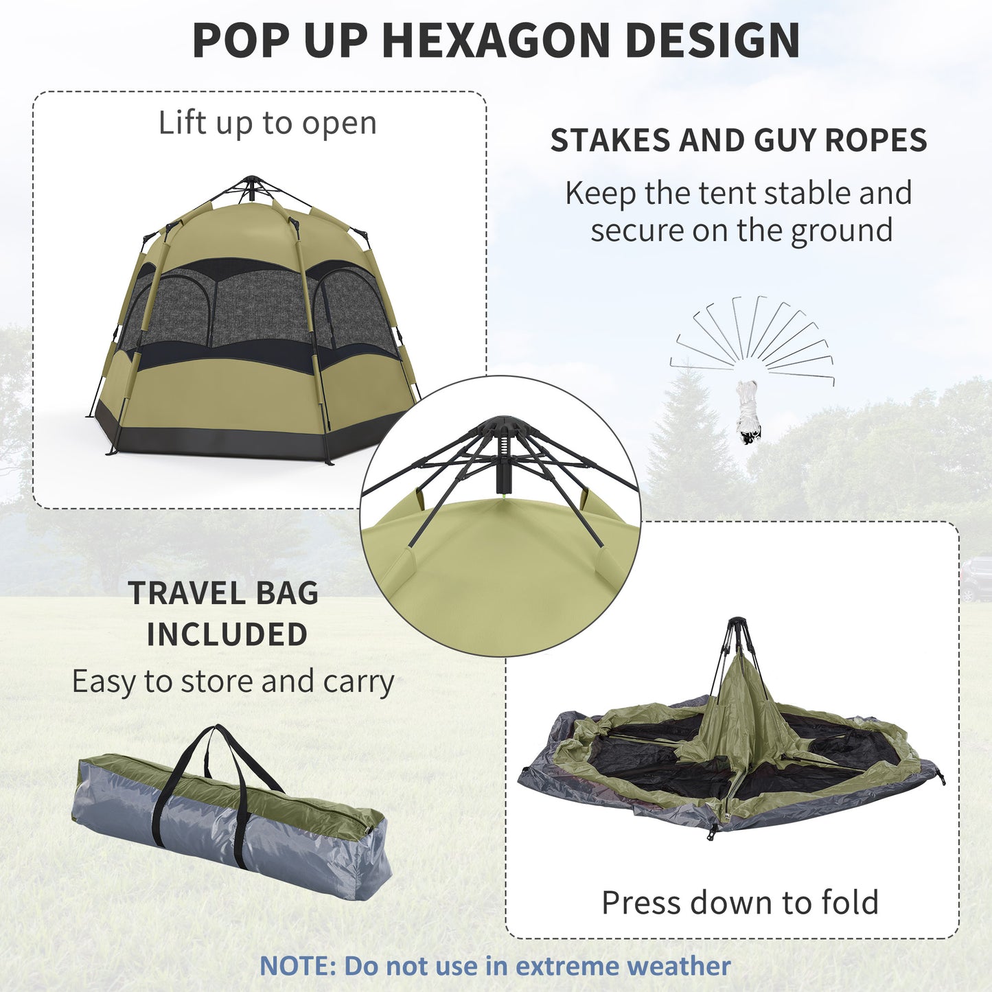 4 Man Hexagon Camping Tent with Hang Hook and Carry Bag - Dark Green and Light Grey
