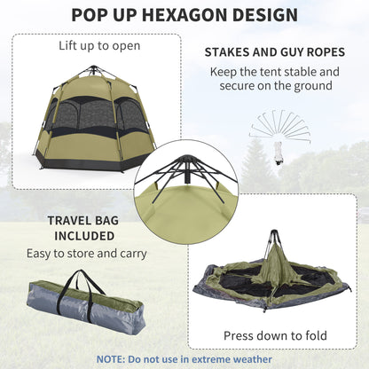 4 Man Hexagon Camping Tent with Hang Hook and Carry Bag - Dark Green and Light Grey