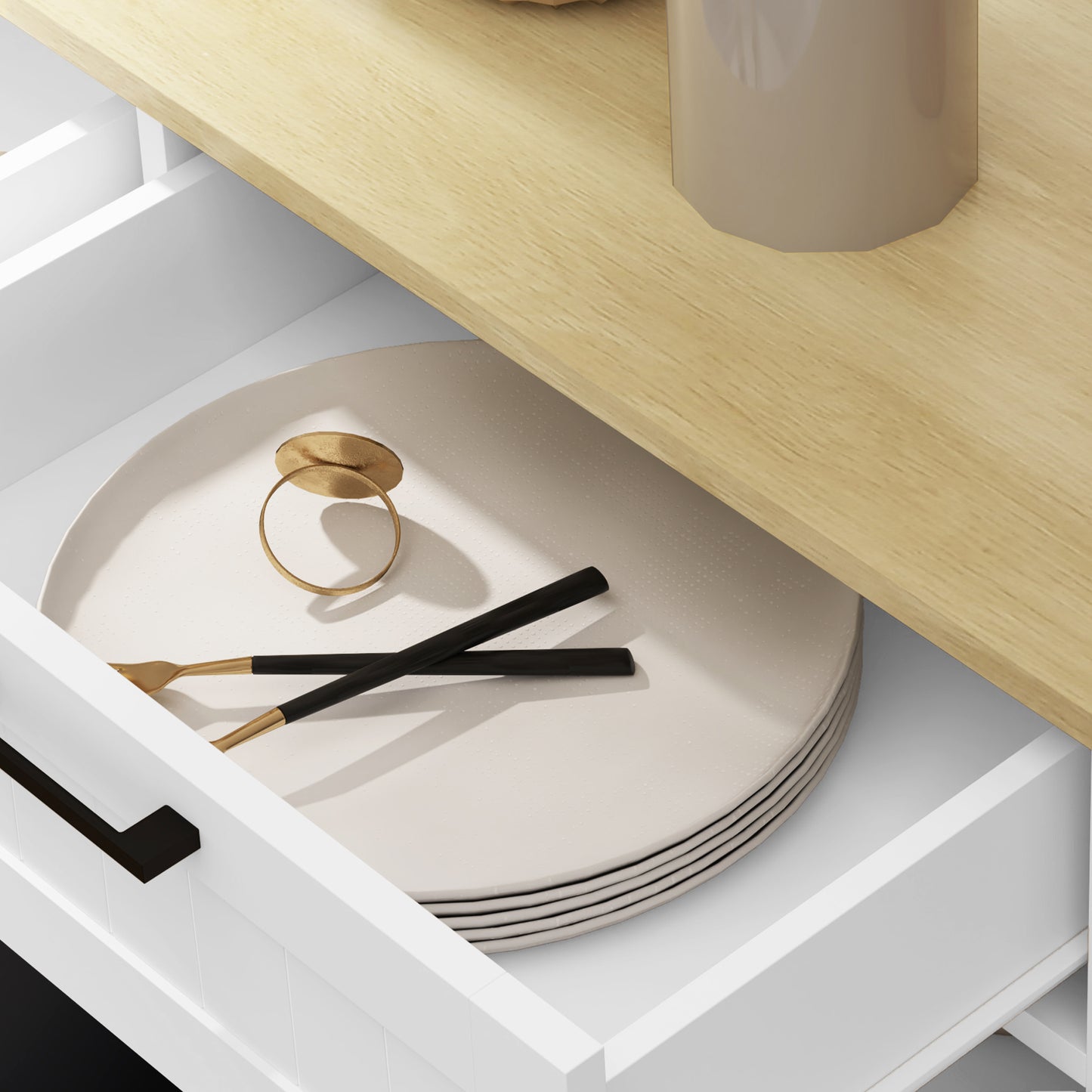Sideboard with Tilt-out Trash Bin, Farmhouse Kitchen Sideboard with 2 Drawers, Adjustable Shelves, Door Racks, White