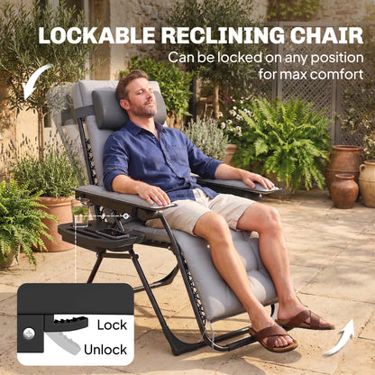 Zero Gravity Chair, Folding Sun Lounger Reclining Garden Chair with Arm Pads, Cushion, Cup Holder, Headrest, Light Grey