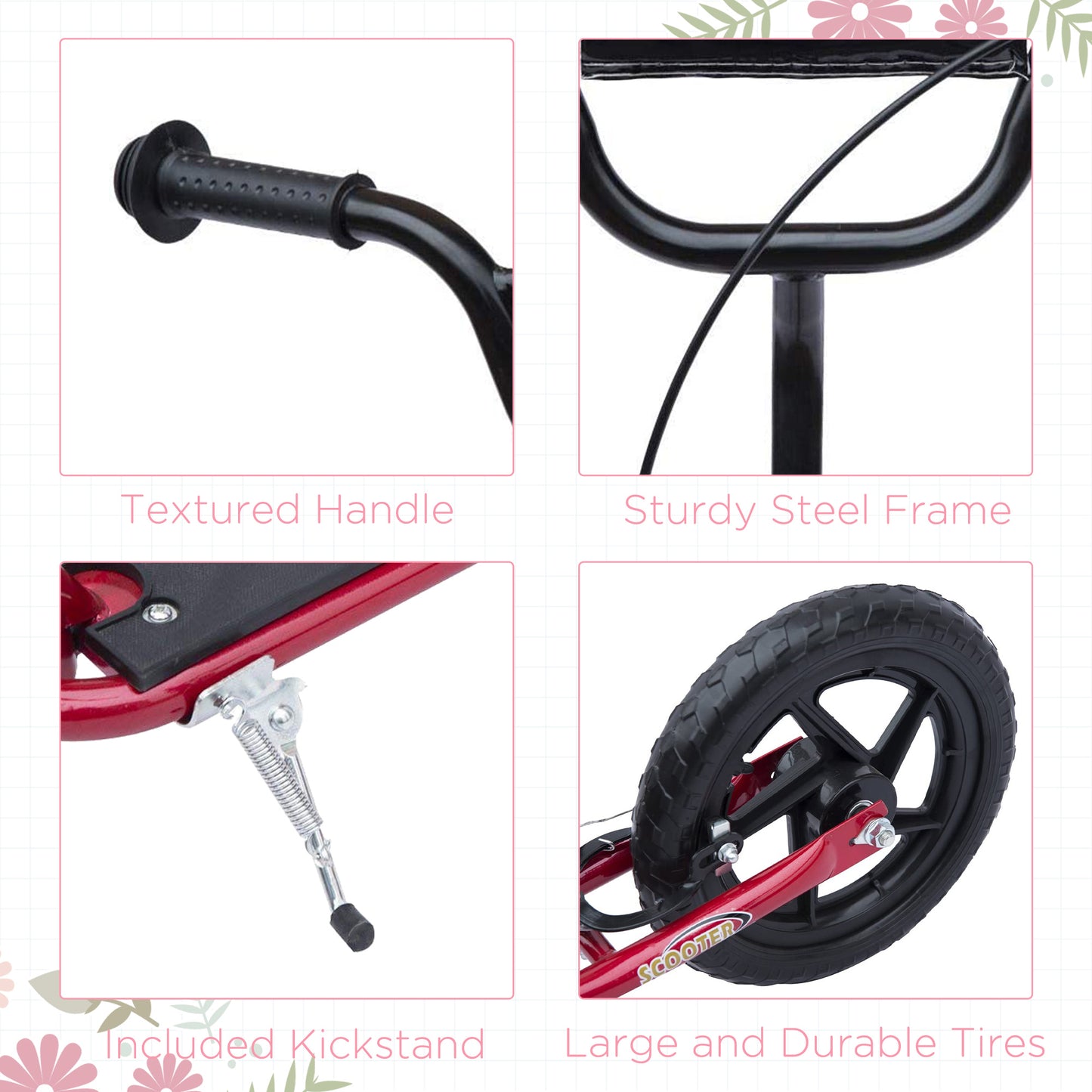 Kids Scooter Kick Scooter, with 12" EVA Tyres, Rear Brake, Big Wheels Scooter for 5-12 Years , Red