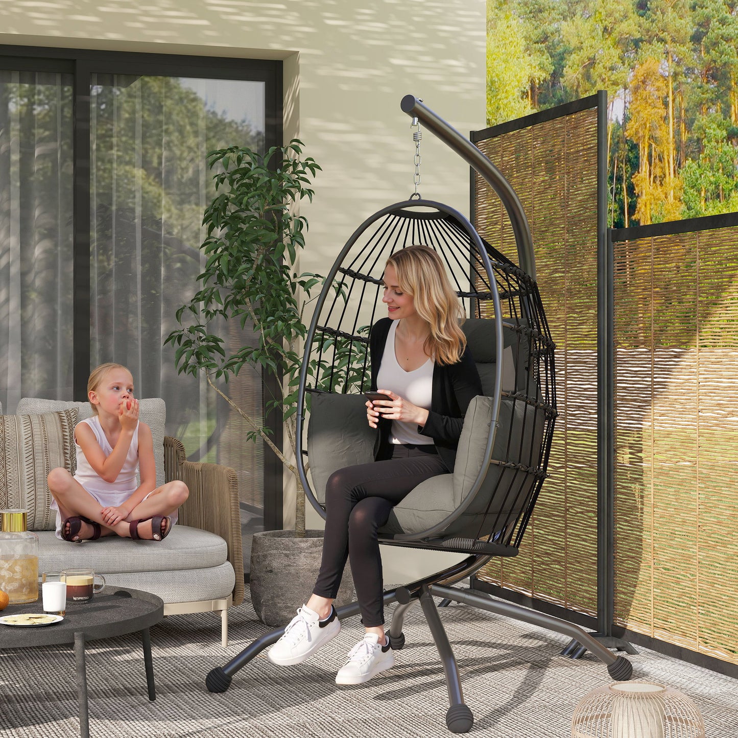 Hanging Egg Chair Outdoor Indoor Garden Swing Chair with Folding Basket and Thickened Cushion