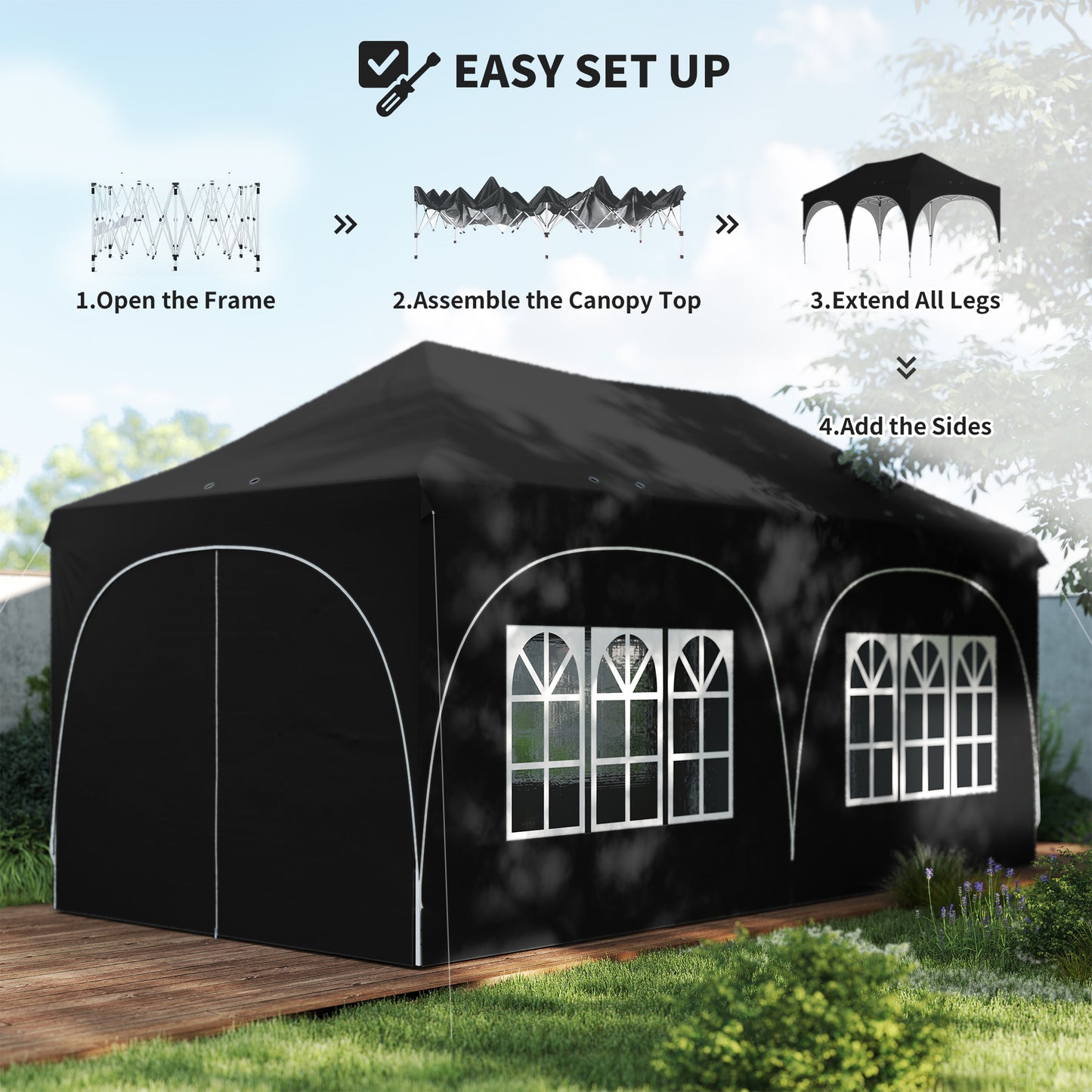 3 x 6m Pop Up Gazebo Shelter with Sides, 6 Sandbags, Peak Top Garden Party Tent Marquee with Carry Bag, Black