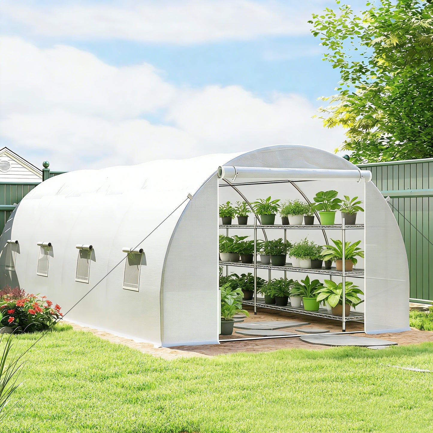 Poly Tunnel for Garden, Walk-in Polytunnel with Door and Roll Up Windows, 6 x 3 x 2 m, White