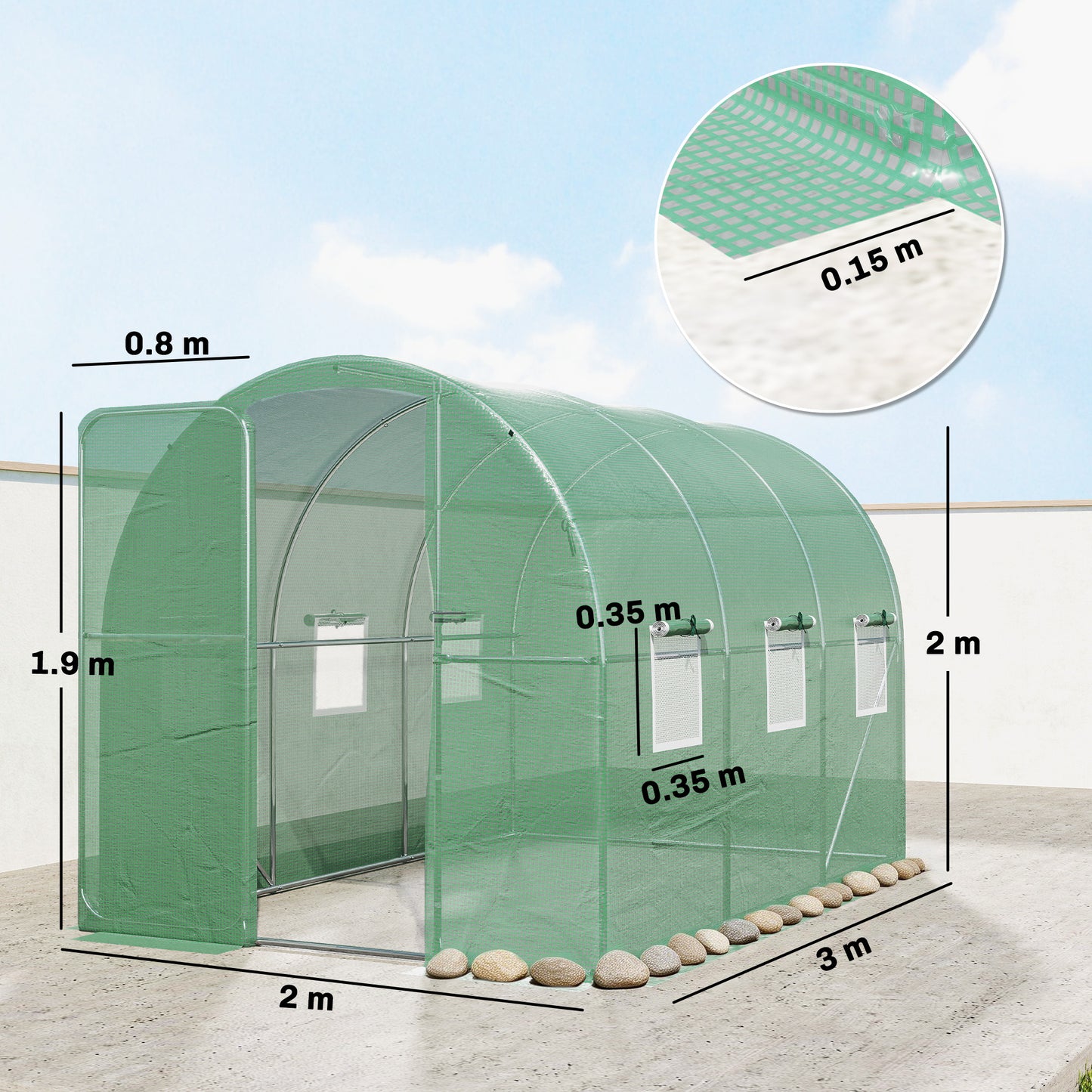 2 x 3 m Walk-in Polytunnel Greenhouse with Hinged Door and 6 Roll Up Mesh Windows, Garden Tunnel Warm House Tent, Green