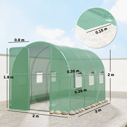 2 x 3 m Walk-in Polytunnel Greenhouse with Hinged Door and 6 Roll Up Mesh Windows, Garden Tunnel Warm House Tent, Green