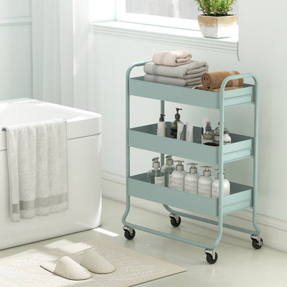 3-Tier Storage Trolley on Wheels, Rolling Utility Cart with Mesh Backets for Kitchen, Bathroom, Bedroom, Light Green