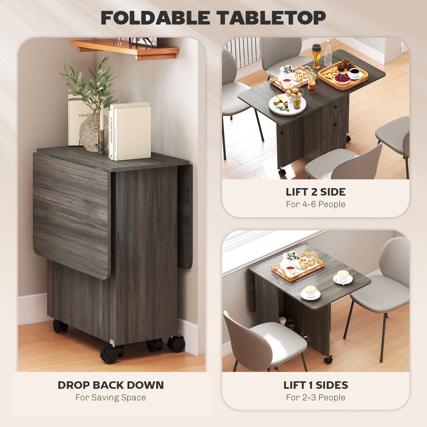 Multi-Storage Six-Person Drop Leaf Dining Table - Grey