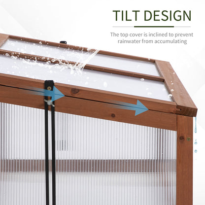 Wooden Cold Frame, Small Polycarbonate Greenhouse for Plants with Openable & Tilted Top Cover, Brown, 100 x 65 x 40cm