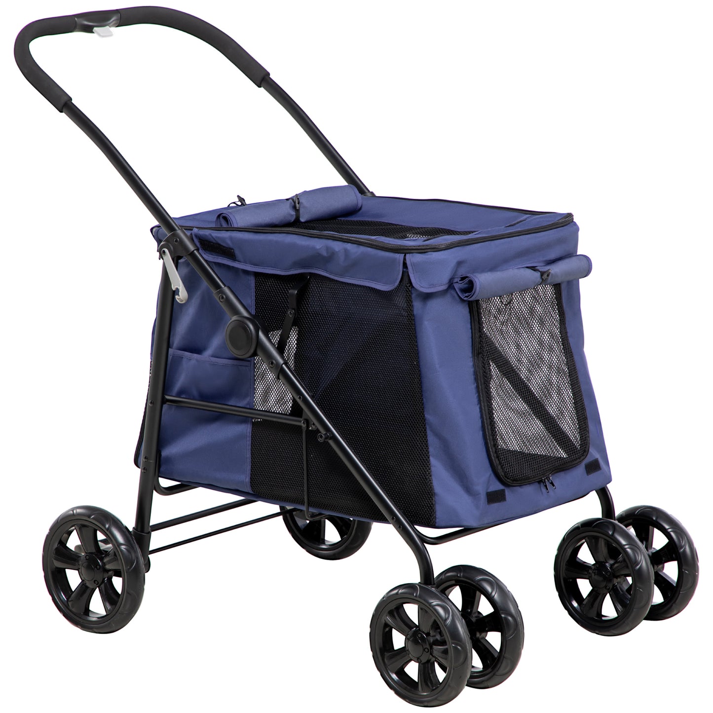 Dog Pram Dog Stroller 4 Wheels Pet Pushchair with Rolling Door, Cushion, Safety Leashes, for Small and Medium Breeds