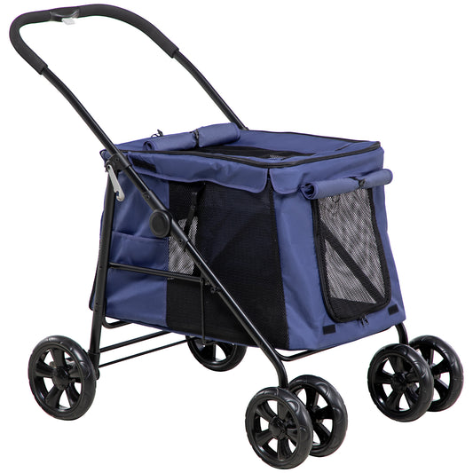Dog Pram Dog Stroller 4 Wheels Pet Pushchair with Rolling Door, Cushion, Safety Leashes, for Small and Medium Breeds