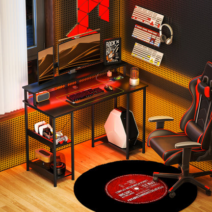 LED Computer Desk, with Power Outlets and Shelves - Carbon Fibre Grey