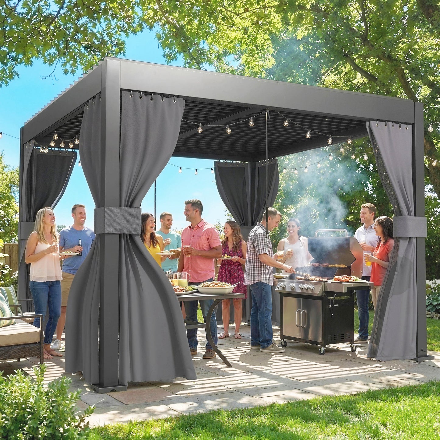 3 x 3 m Louvered Pergola with Adjustable Metal Louvred Roof, Aluminium Patio Gazebo with Netting and Curtains, Dark Grey