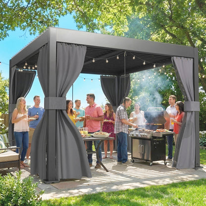 3 x 3 m Louvered Pergola with Adjustable Metal Louvred Roof, Aluminium Patio Gazebo with Netting and Curtains, Dark Grey