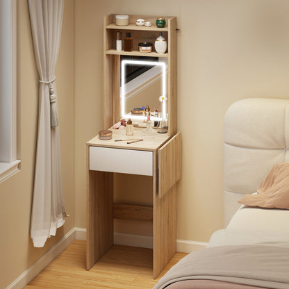 Small Vanity Desk with Mirror and LED Lights, Compact Dressing Table with Drop Leaf, Open Shelves, Natural Wood