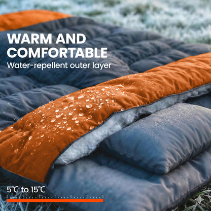 Double Sleeping Bag with 2 Pillows, 220 x 160 cm Extra-Large Sleeping Bag for Adults, Grey and Orange