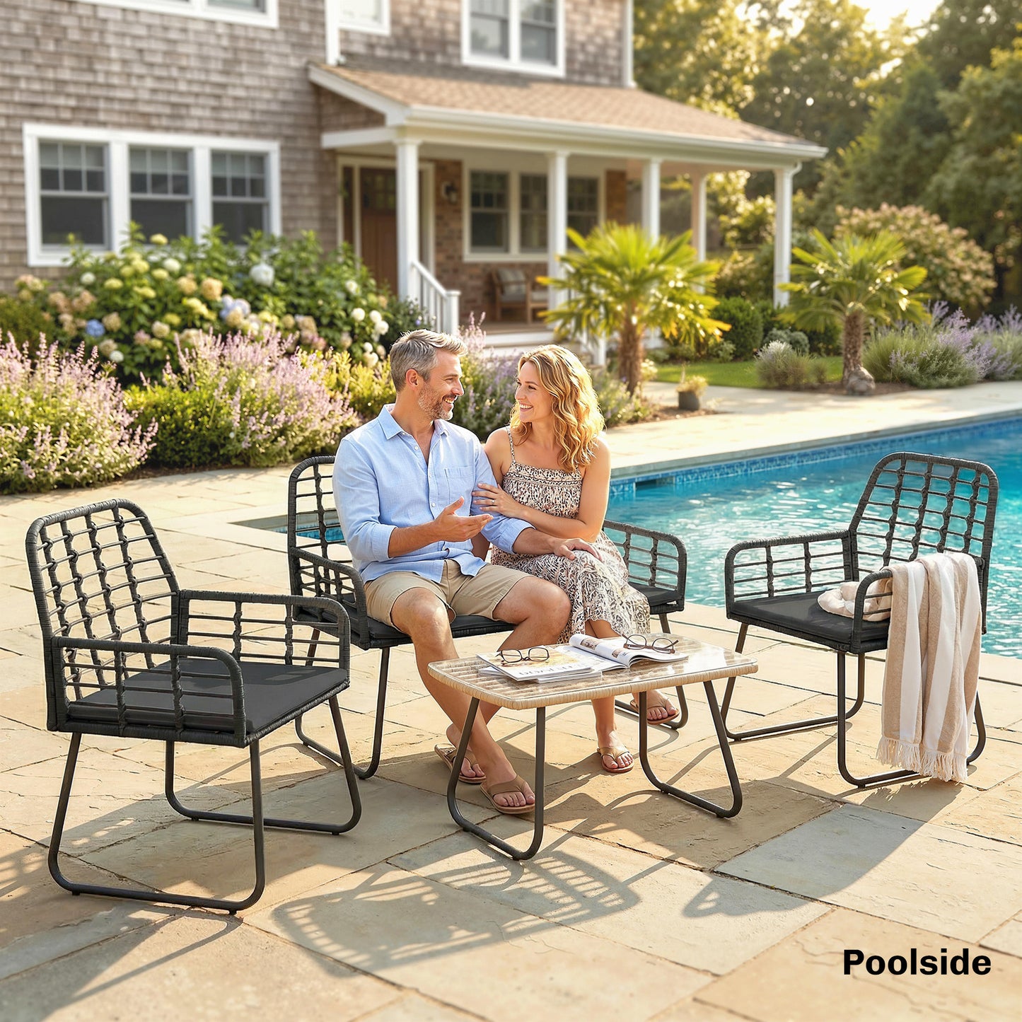 4 Piece Rattan Garden Furniture Set, Outdoor Patio Furniture with Loveseat, Armchairs and Coffee Table