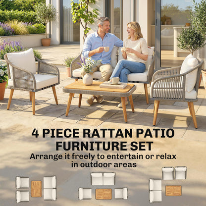 4 Piece Rattan Garden Furniture Set with Loveseat, Armchairs, Wood Table, Wicker Patio Conversation Set, Cream White