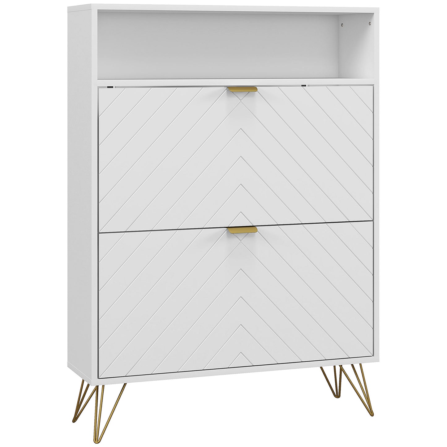 12 Shoe Storage Cabinet with Chevron Indents and Gold Tone Accents - White