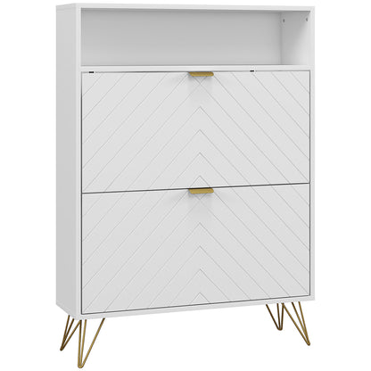 12 Shoe Storage Cabinet with Chevron Indents and Gold Tone Accents - White