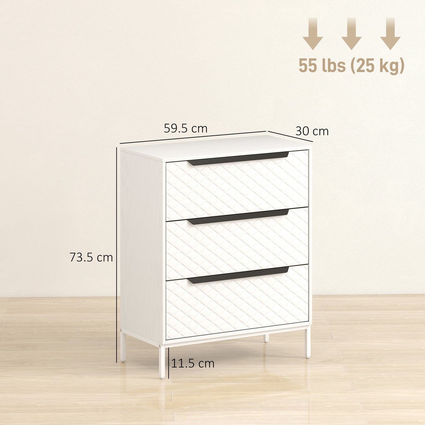 Chest of Drawers, Dresser with 3 Fabric Drawers and Aluminium Handles - White