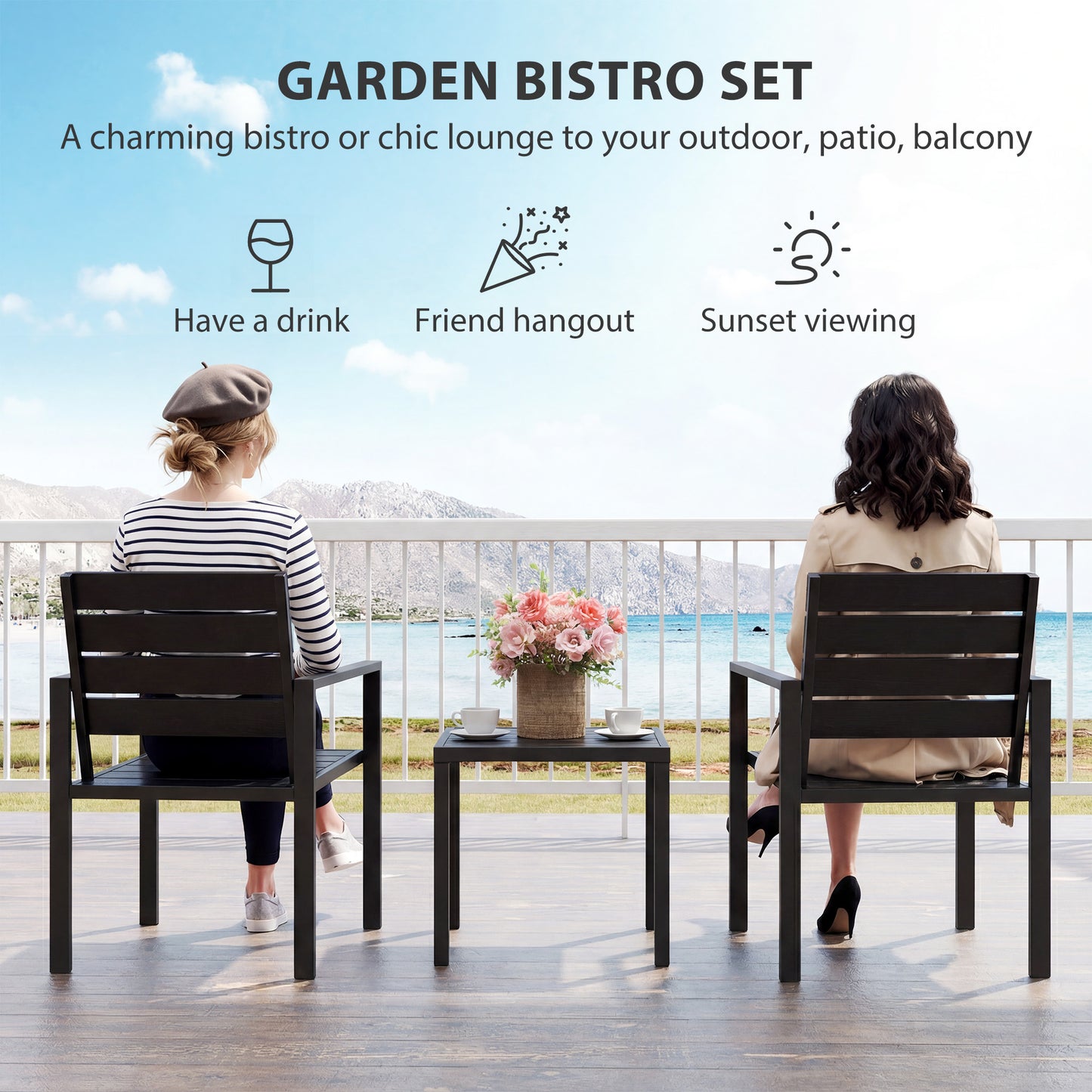 3 Pieces Garden Bistro Set for 2, Outdoor Bistro Table and Chairs with Metal Frame, Plastic Patio Furniture Set