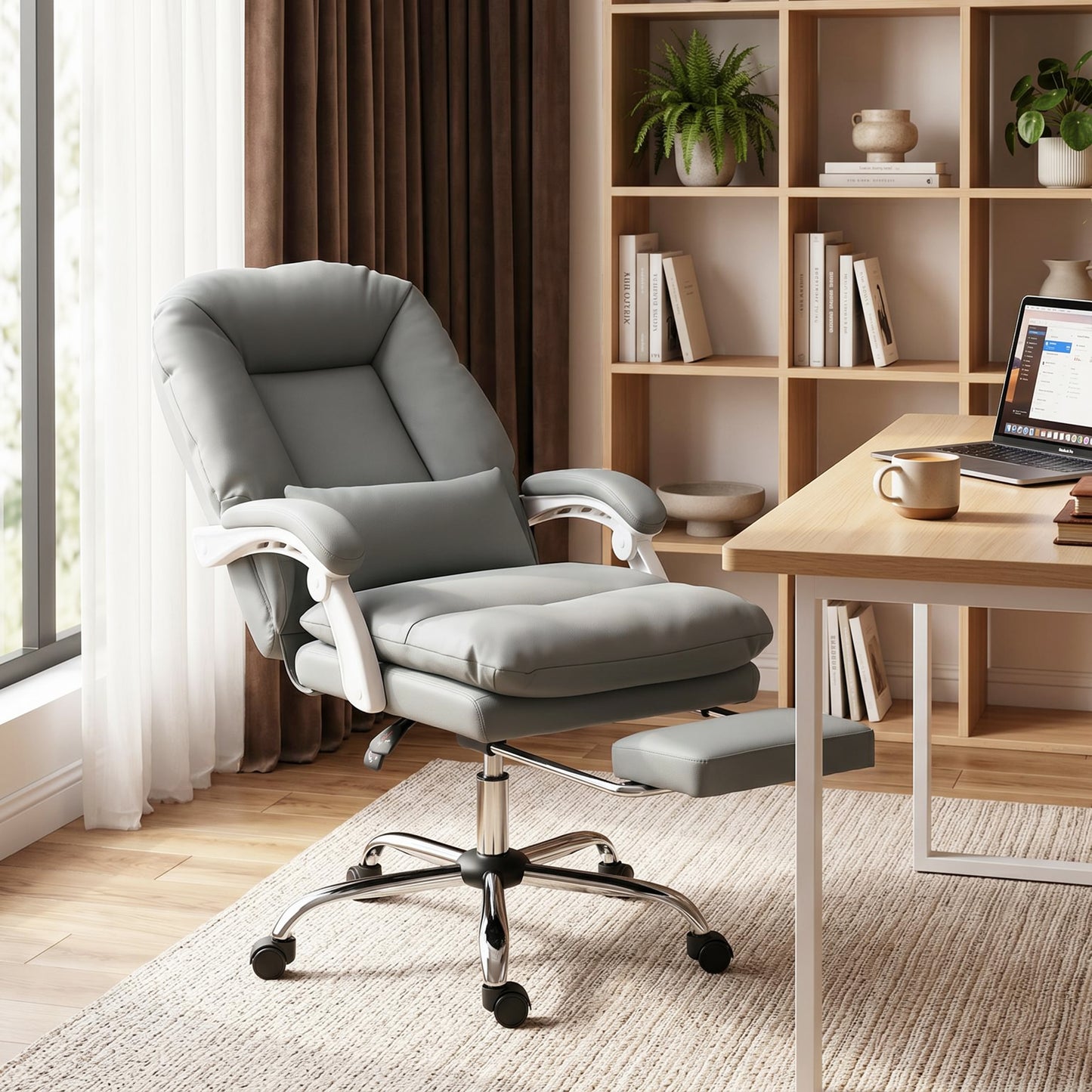 Ergonomic Executive Office Chair, Reclining Desk Chair with Lumbar Support, Footrest, Plush Thick Cushion, Grey