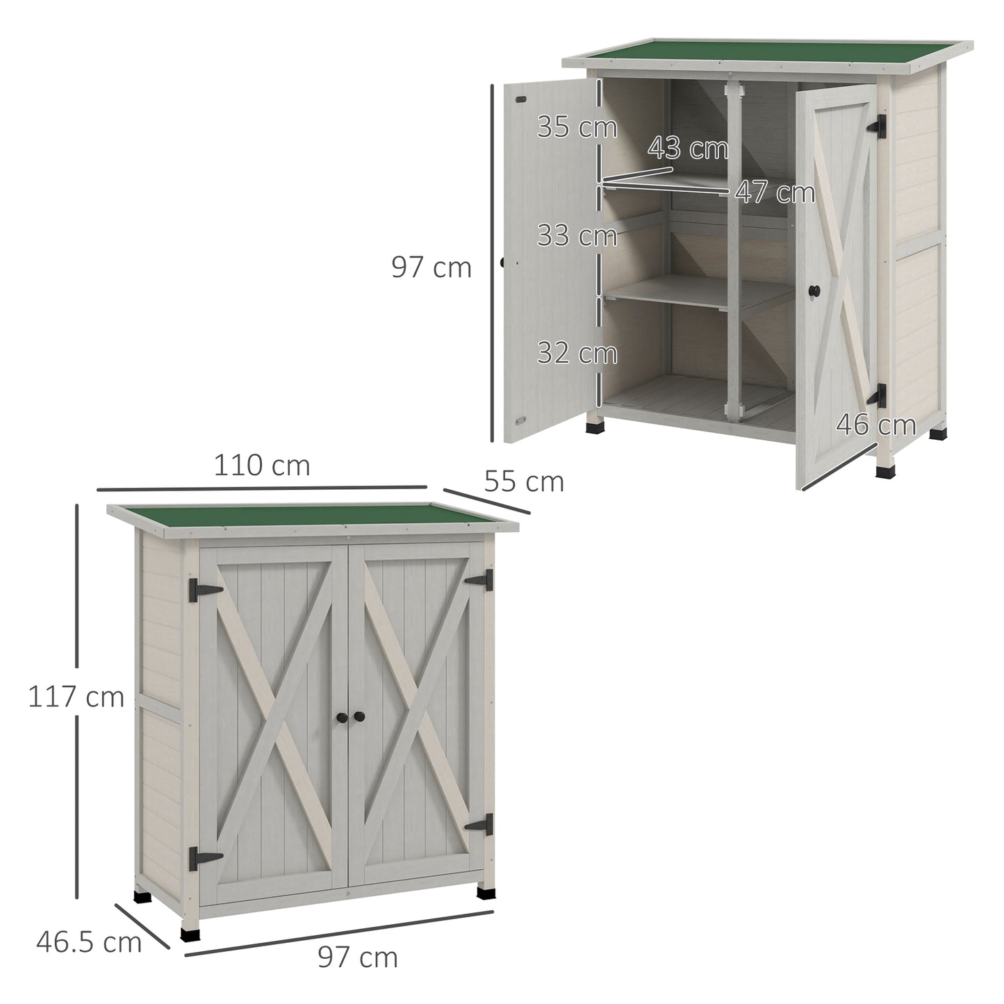 46.5 x 97cm Compact Wooden Storage Shed - Light Grey