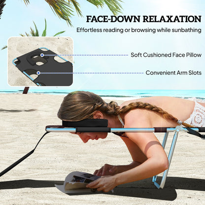 Foldable Sun Lounger, Beach Chaise Lounge with Reading Hole, Arm Slots, 5-Position Adjustable Backrest, Side Pocket