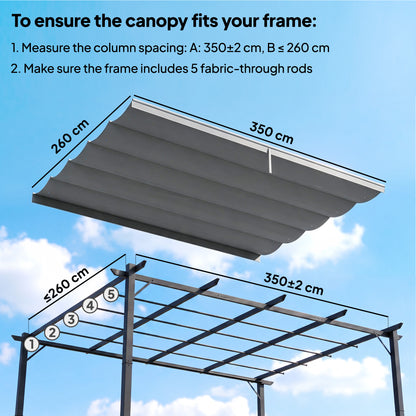 Retractable Pergola Cover, 3.5 x 2.6 m Replacement Canopy Fabric for 4 x 3 m Frame, Roof Top Only, Light Grey
