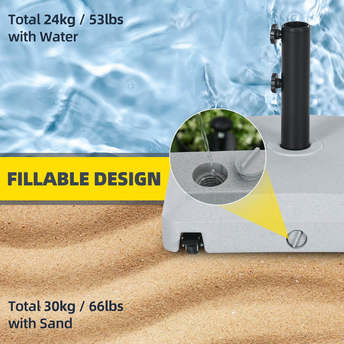 Garden Parasol Base Holder, 24kg Water or 30kg Sand Filled, Outdoor Market Umbrella Stand Weight with Wheels and Brakes, Grey