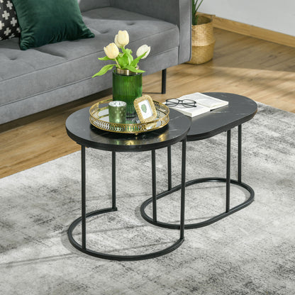 Nest of Tables with Steel Frame and Faux Marble Tabletop, Modern Coffee Table Set of 2, Black/White