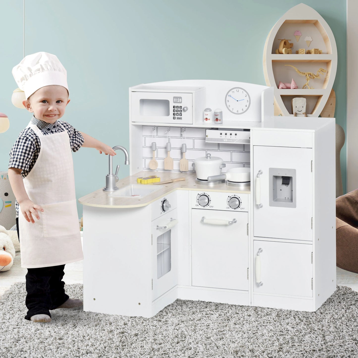 Kids Kitchen Playset with Tap, Fridge and Microwave - White