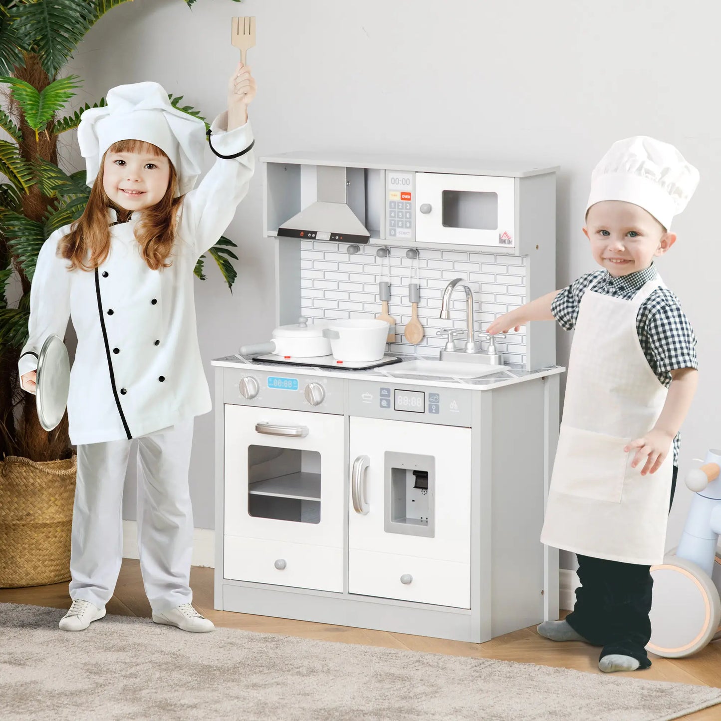 Kids Kitchen Playset with Marble Countertop and Tile Style Backdrop, Sound and Light effects and Accessories