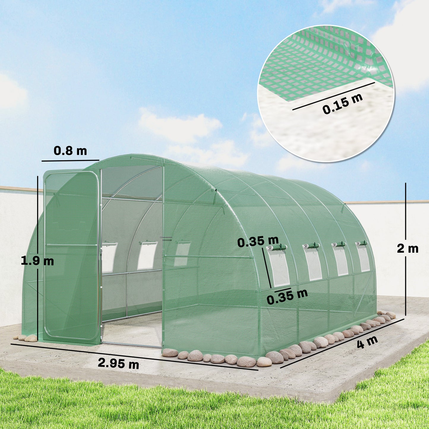 3 x 4 m Walk-in Polytunnel Greenhouse with Hinged Door and 8 Roll Up Mesh Windows, Garden Tunnel Warm House Tent, Green