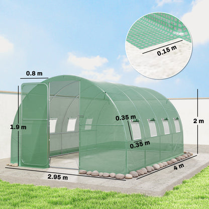 3 x 4 m Walk-in Polytunnel Greenhouse with Hinged Door and 8 Roll Up Mesh Windows, Garden Tunnel Warm House Tent, Green