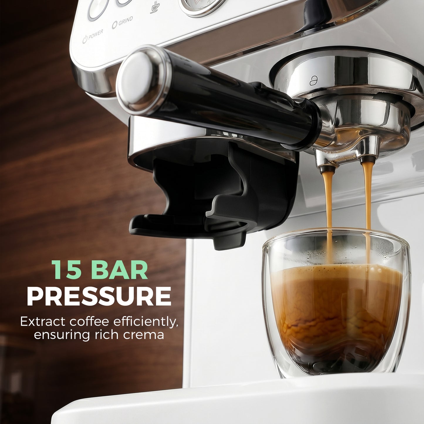 15 Bar Coffee Machine, with Adjustable Grind, Steamer and Accessories - White